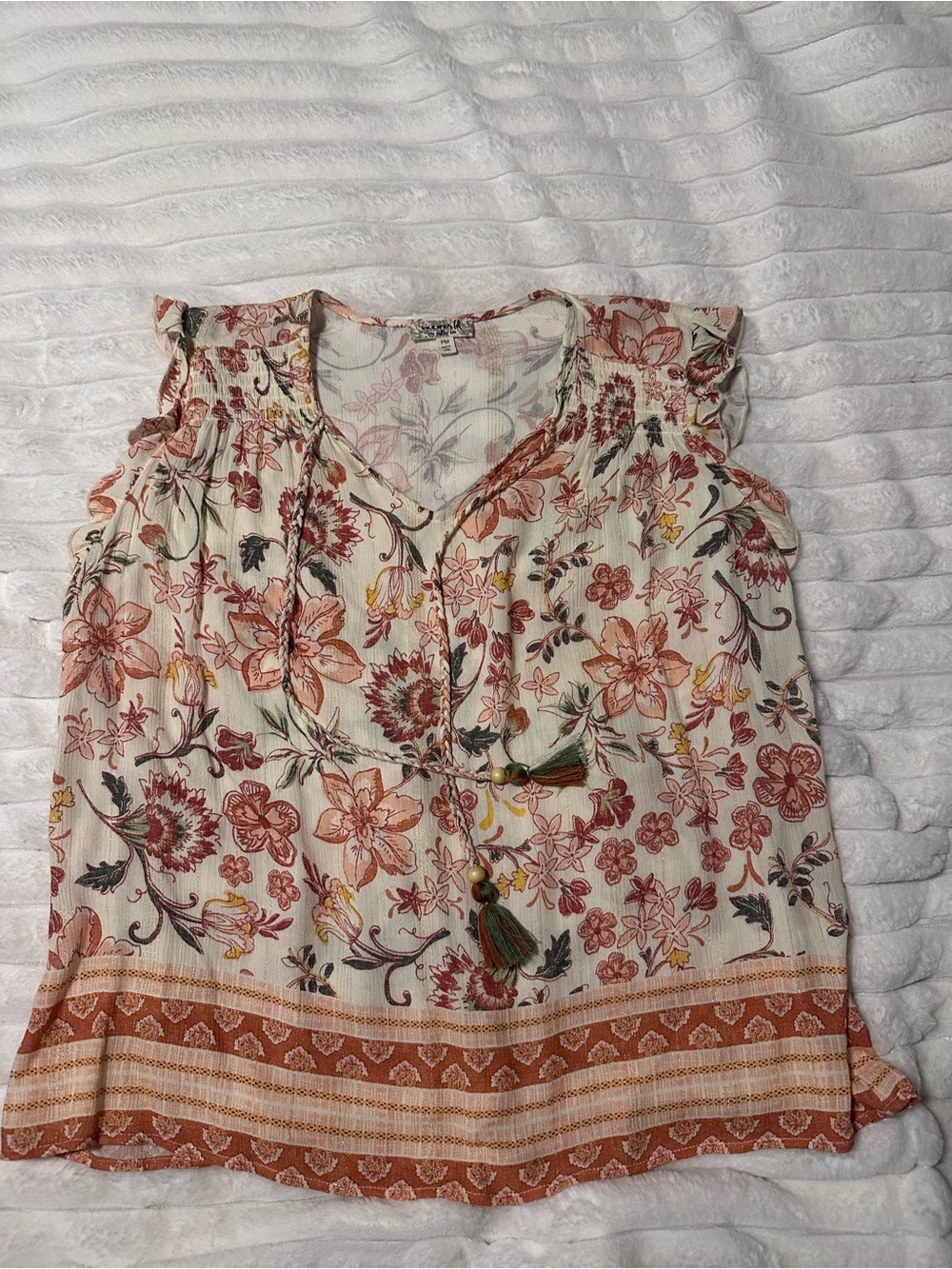 ONE WORLD Floral Ruffle Tie-Front Blouse in Cream Peach, Olive and Rust